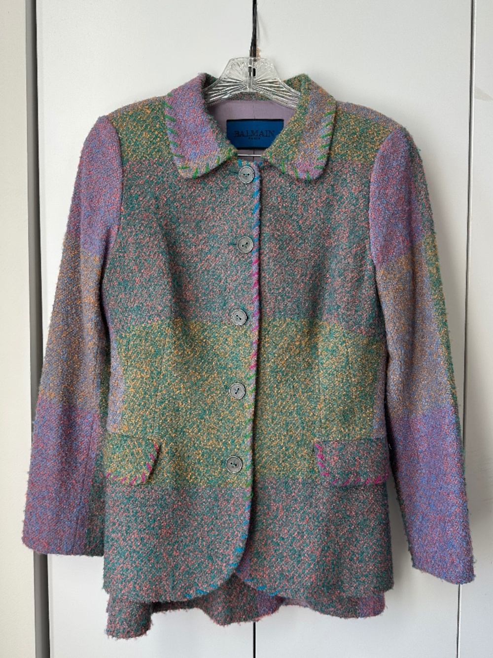 Vintage Balmain Paris Multicolor Wool Bouclé Jacket Skirt Suit Set US 8